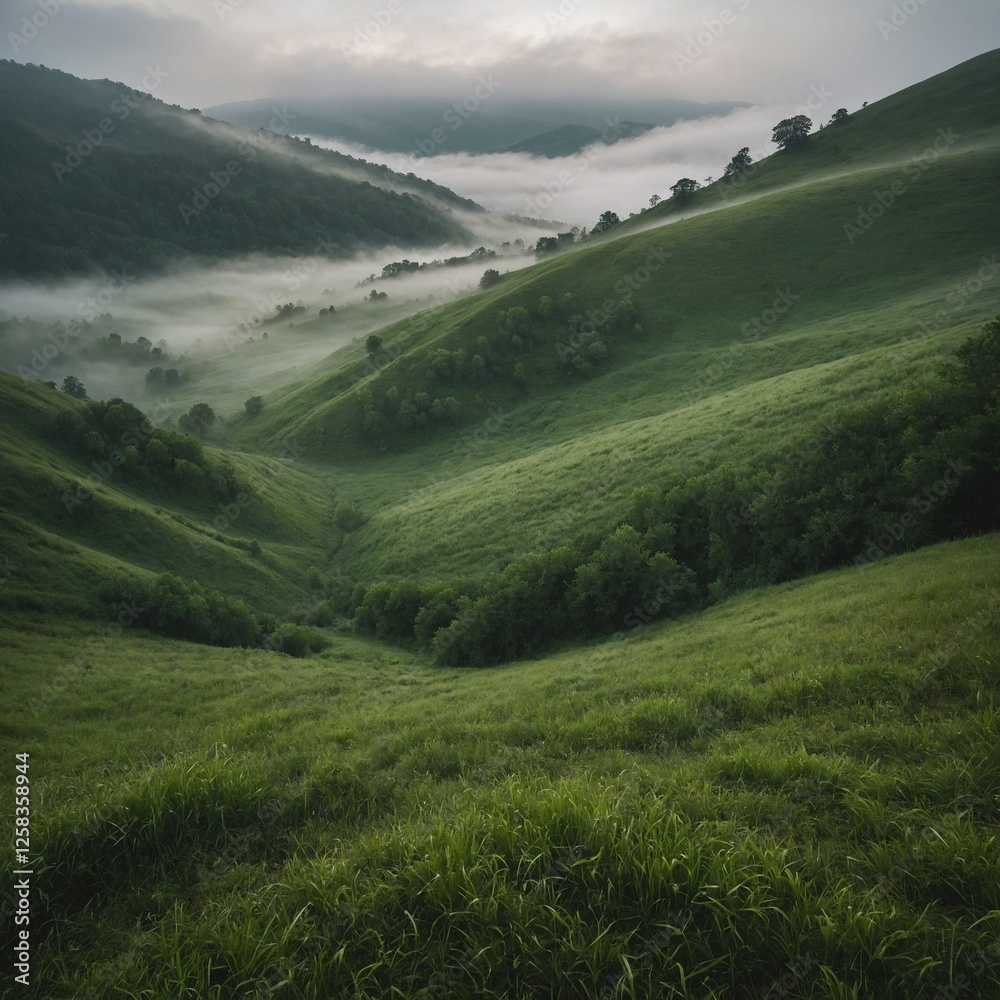 Fototapeta premium A foggy morning in a green-covered hillside.