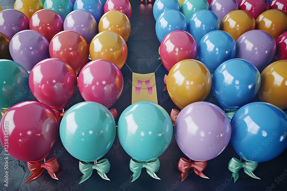 Many colored balloons with bows on a dark floor, banner in the center for party mockup templates, ideal for celebration themes.