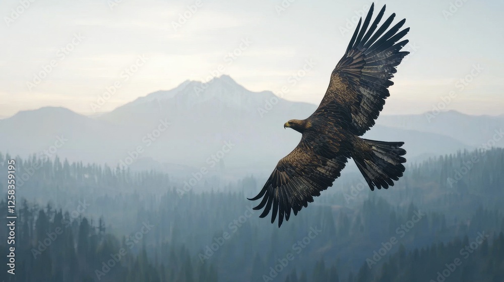 Majestic Eagle Soaring Above Mountains and Forests at Sunrise Majestic Eagle Soaring Above Mountains and Forests at Sunrise