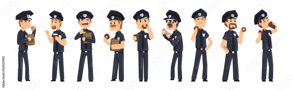 Man Police Officer in Uniform Eat Donut and Drink Coffee Vector Set Man Police Officer in Uniform Eat Donut and Drink Coffee Vector Set