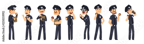 Man Police Officer in Uniform Eat Donut and Drink Coffee Vector Set