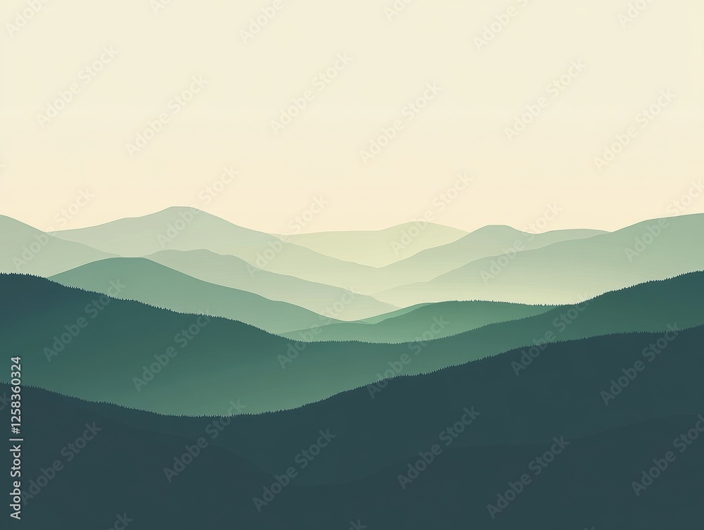 Hazy Emerald Green Mountain Range Rolling Hills Layered Topography Calm Serene Minimalist