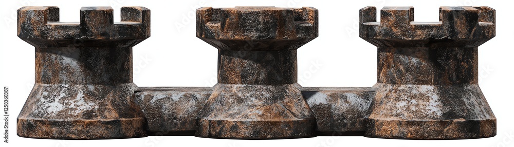 Decorative chess pieces with a rustic finish on a white isolated background. Decorative chess pieces with a rustic finish on a white isolated background.