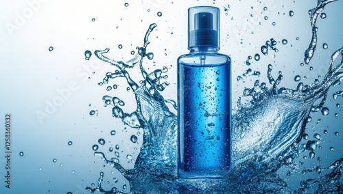 A bottle of blue skincare product surrounded by water splashes, with a solid color background.