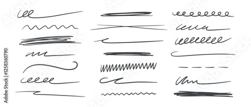 Vector set of hand-drawn doodle brush elements. Black line sketches, underlines, marker strokes and emphasis for design.