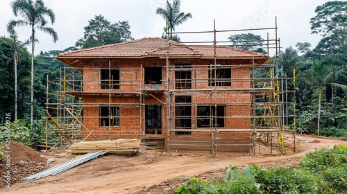 Wallpaper Mural Two-story brick house under construction, surrounded by lush greenery and scaffolding. Torontodigital.ca