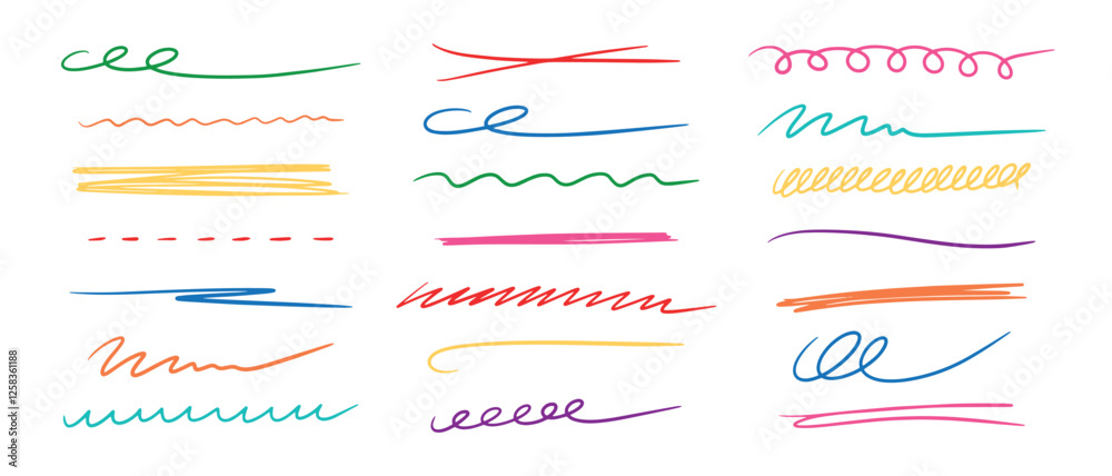 Vector set of hand-drawn doodle brush elements. Colored line sketches, underlines, marker strokes and emphasis for design.