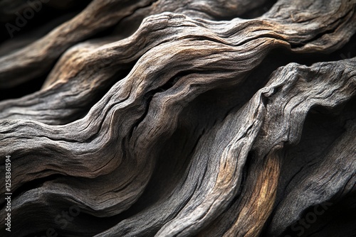 Curved wooden texture showcases intricate patterns of aged natural driftwood in soft natural light photo