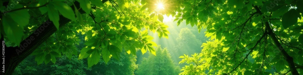 Fototapeta premium Lush green foliage with sunlight filtering through canopy , dense foliage, greenery