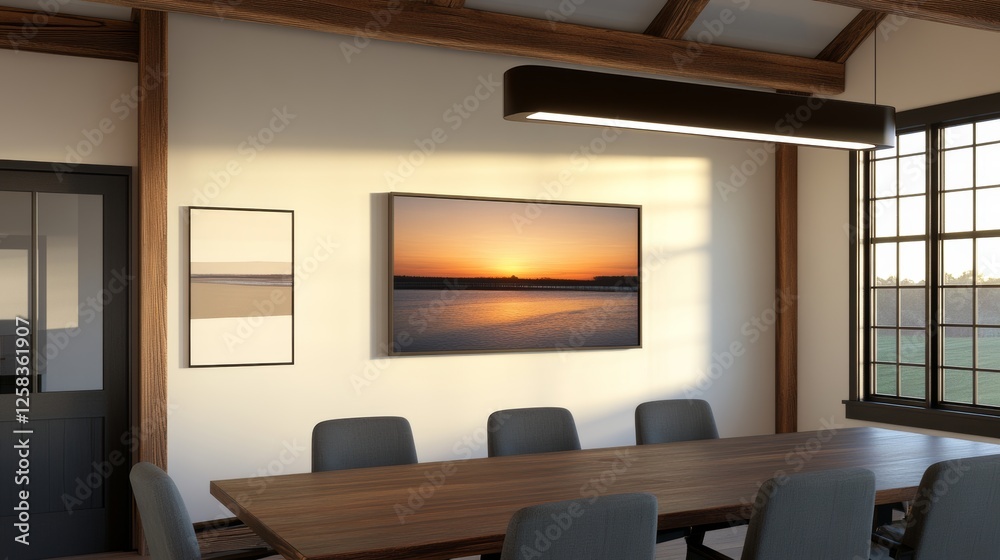 Modern conference room with a wooden table, stylish chairs, and a sunset landscape on the wall Modern conference room with a wooden table, stylish chairs, and a sunset landscape on the wall