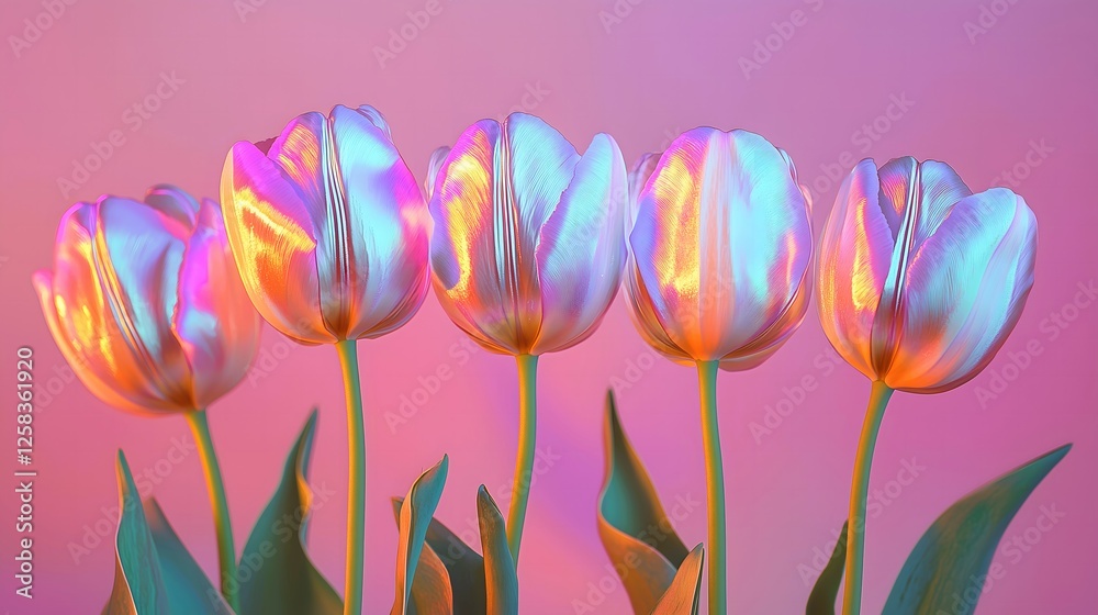 5 iridescent tulips in a row on a pastel pink background. Trendy, Spring concept.