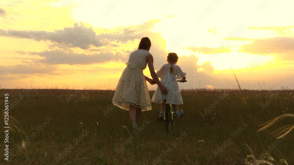 young mother teaches child ride bike sunset. Little kid bike. Childhood dream concept. silhouette happy family park. mother with child girl rides bicycle pedaling sun. happy kid rides bike park young mother teaches child ride bike sunset. Little kid bike. Childhood dream concept. silhouette happy family park. mother with child girl rides bicycle pedaling sun. happy kid rides bike park