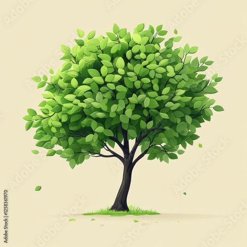 Lush Deciduous Tree with Dense Green Canopy on a Sunny Plain Simple Cartoon Style Illustration