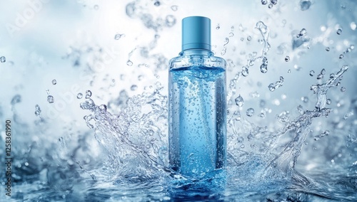 A bottle of blue skincare product surrounded by water splashes, with a solid color background.