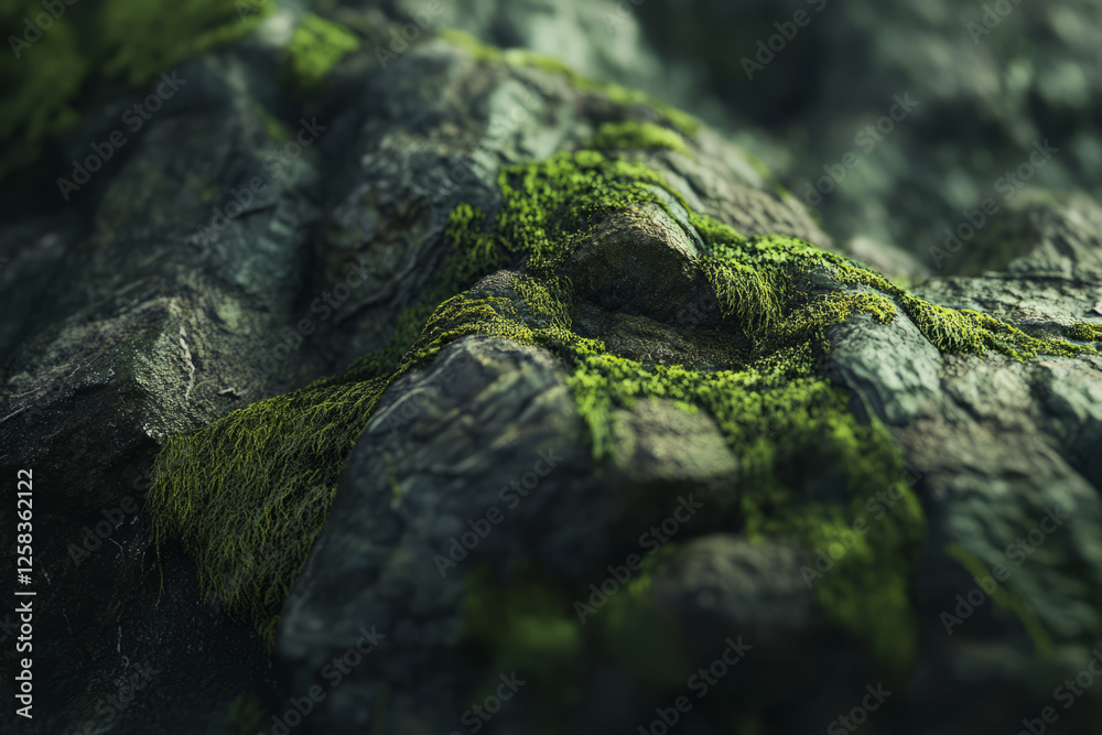 Close-up of lush green moss covering stone, rich organic texture with soft depth. Close-up of lush green moss covering stone, rich organic texture with soft depth.