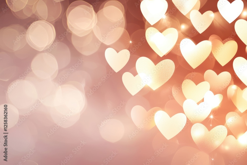 Fototapeta premium A bokeh-style heart background featuring softly blurred golden lights forming heart shapes against a warm pink-to-peach gradient
