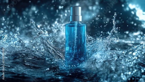 A bottle of blue skincare product surrounded by water splashes, with a solid color background.