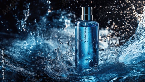 A bottle of blue skincare product surrounded by water splashes, with a solid color background.