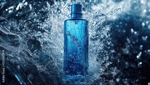 A bottle of blue skincare product surrounded by water splashes, with a solid color background.