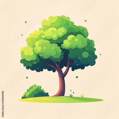 Lush Green Tree on Green Grass with Small Green Bush and Light Colored Background Cartoon Style