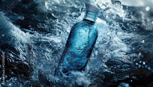 A bottle of blue skincare product surrounded by water splashes, with a solid color background.