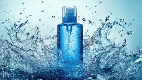 A bottle of blue skincare product surrounded by water splashes, with a solid color background.