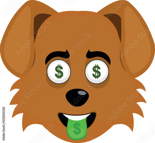 vector illustration emoji character face dog cartoon, with an ambitious expression, coins in his eyes and his tongue sticking out