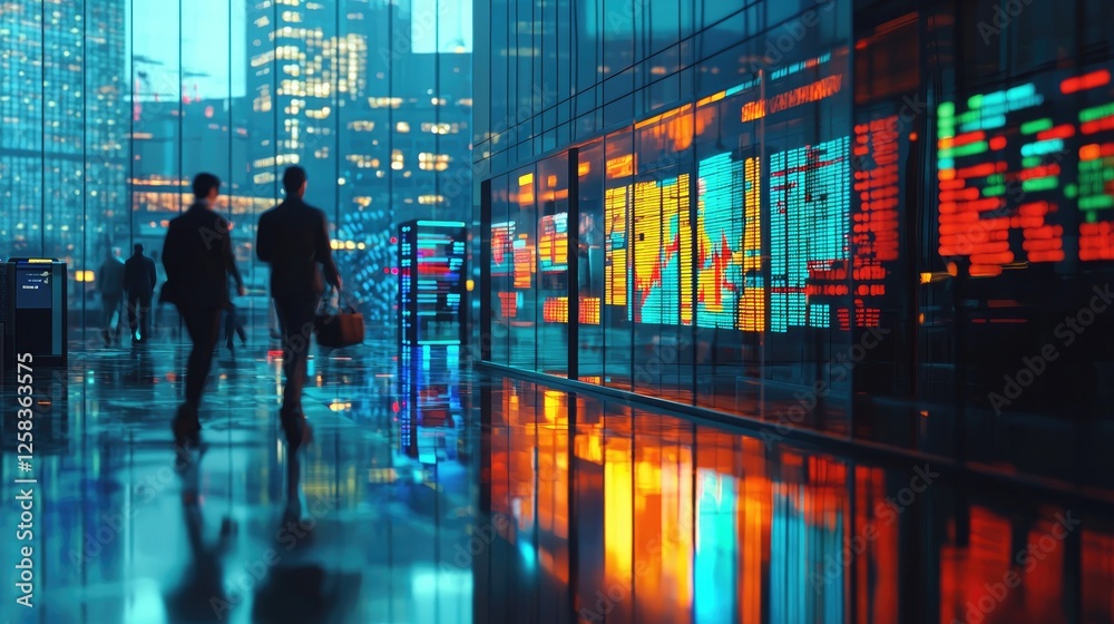 Cityscape Businessmen Walking Through Modern Office Building at Night