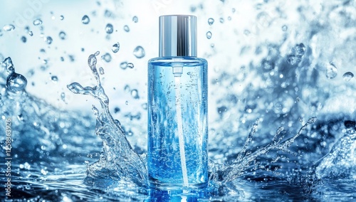 A bottle of blue skincare product surrounded by water splashes, with a solid color background.
