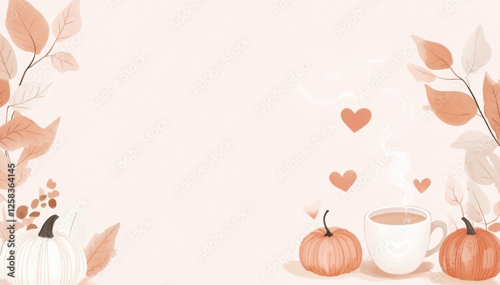 A cozy autumn background featuring tiny pumpkins, pastel-colored leaves, and a steaming cup of chai with floating heart-shaped steam A cozy autumn background featuring tiny pumpkins, pastel-colored leaves, and a steaming cup of chai with floating heart-shaped steam