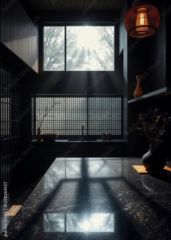 Morning sunlight in zen kitchen with bamboo features and black granite bamboo house background beautiful bamboo asian seaport baltic sea antebellum