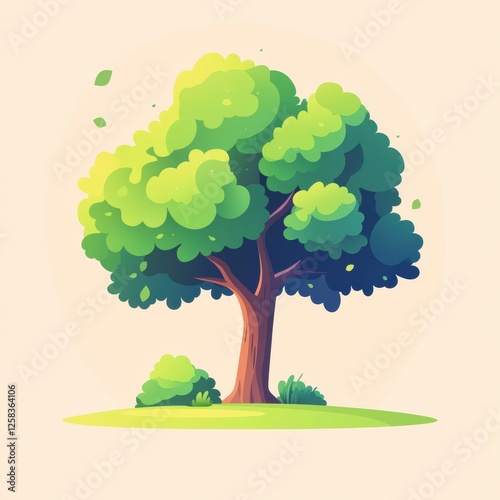 Lush Green Tree with Bush on Grassy Patch in Tranquil Scene Cartoon Style Illustration