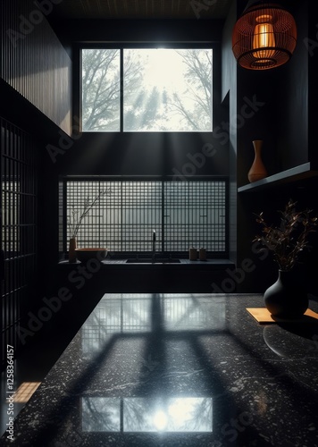 Morning sunlight in zen kitchen with bamboo features and black granite bamboo house background beautiful bamboo asian seaport baltic sea antebellum