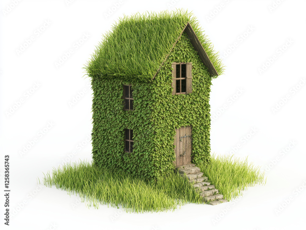 Eco friendly house covered in grass and leaves, symbolizing sustainability Eco friendly house covered in grass and leaves, symbolizing sustainability