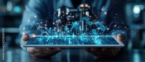 Person holding tablet with city background representing smart industry control and technology integration