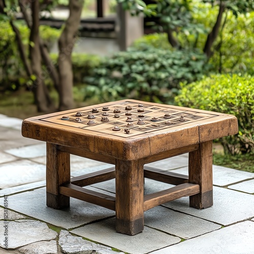 Wooden Chinese chess board in a serene outdoor garden setting photo