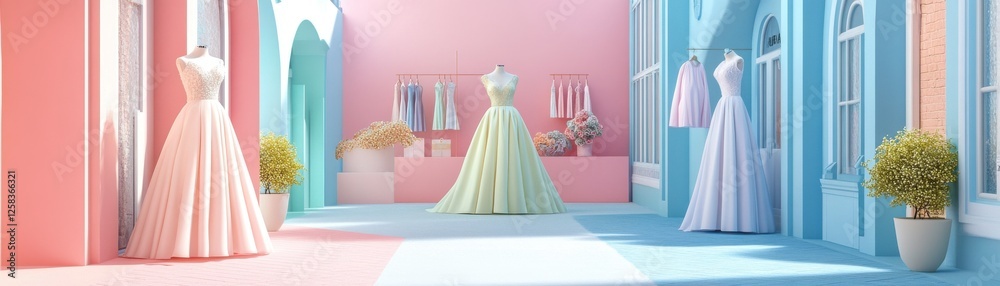 A vibrant display of elegant dresses in pastel colors, set against a colorful backdrop of pink and blue walls. A vibrant display of elegant dresses in pastel colors, set against a colorful backdrop of pink and blue walls.