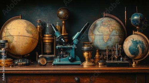 Antique globes microscopes adorn vintage study.