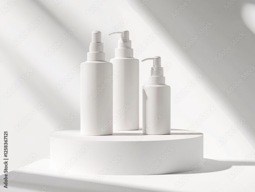 custom made wallpaper toronto digitalMinimalist Display of White Cosmetic Bottles on Round Pedestal Platform for Product Showcase and Promotion