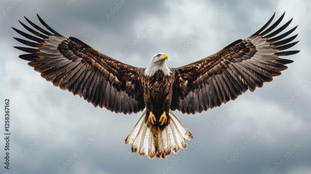 Naklejka premium Majestic Bald Eagle Spreading Wings Against Dramatic Cloudy Sky