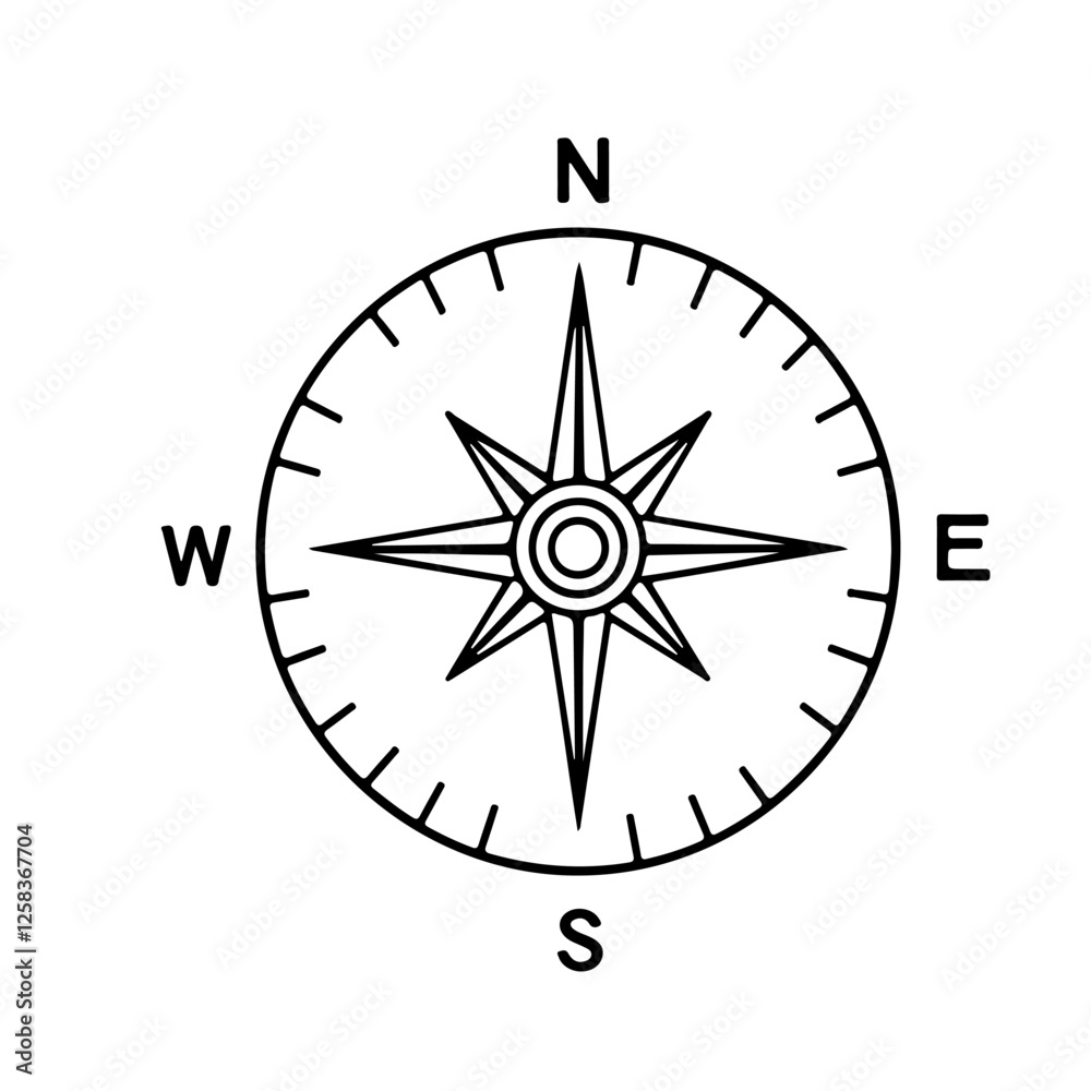 Simple Compass Rose Design Black Line Art Illustration Simple Compass Rose Design Black Line Art Illustration