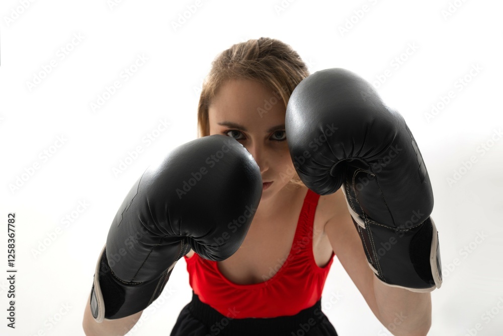 Young woman in boxing gloves prepares for a workout in a bright indoor setting with a determined look Young woman in boxing gloves prepares for a workout in a bright indoor setting with a determined look