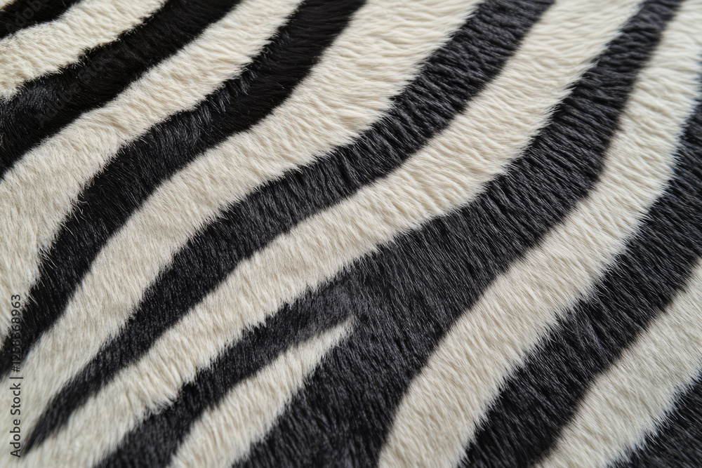 Close-up of zebra fur texture, black and white stripes with fine hair details.