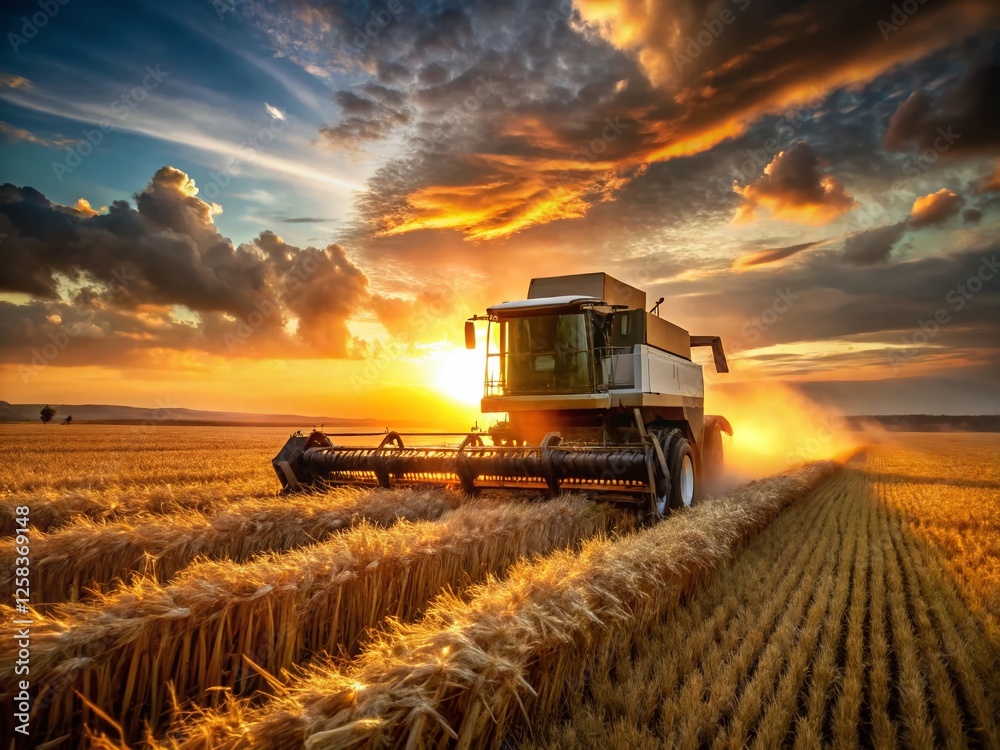 Fototapeta premium Powerful Agricultural Harvester Harvesting Wheat Field at Sunset