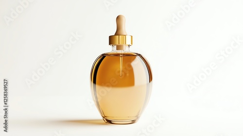 A clear dropper bottle filled with golden liquid, white isolated background. photo