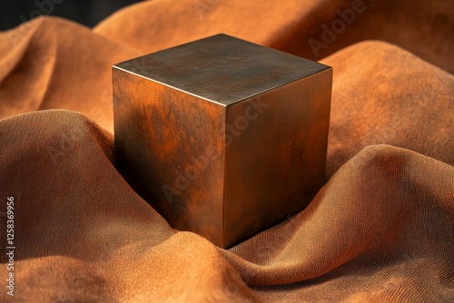 Rustic copper cube on orange fabric. photo