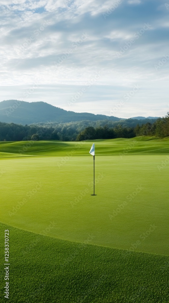 Obraz premium Stunning green golf course landscape with a flag on the putting green under a bright sky