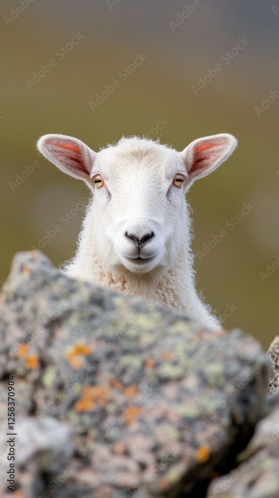 Fototapeta premium Close-up of a curious sheep peering from behind a rock in a mountainous landscape during daylight hours