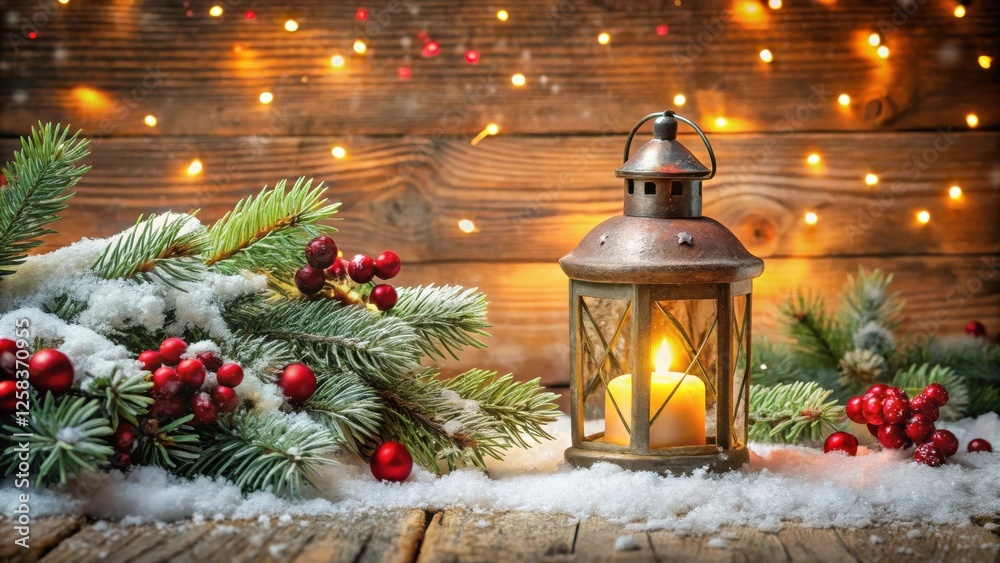 A Festive Winter Scene with a Lit Lantern, Snowy Evergreen Branches, and Red Berries on Rustic Wood A Festive Winter Scene with a Lit Lantern, Snowy Evergreen Branches, and Red Berries on Rustic Wood
