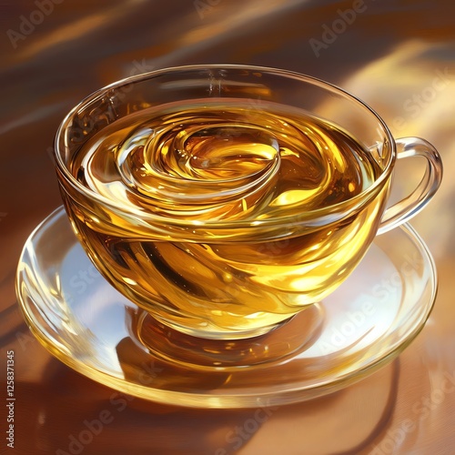 A steaming cup of golden tea in elegant glass, on a reflective surface. photo